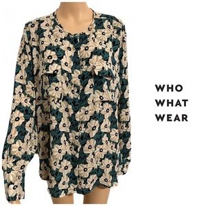 Who What Wear Ivory Green Floral Button Down Top Blouse Shirt Size XXL